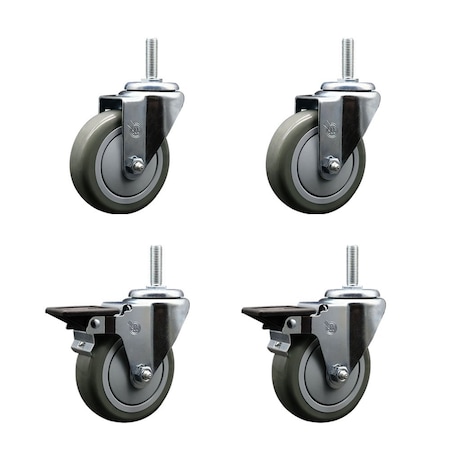 Service Caster 4 Inch Gray Polyurethane Wheel Swivel 58 Inch Threaded Stem Caster Set 2 Brakes SCC SCC-TS20S414-PPUB-58212-2-PLB-2